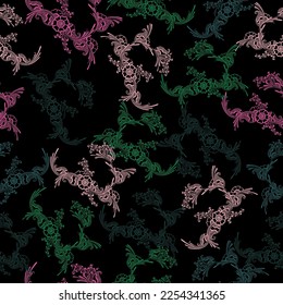 Autumn dahlia, lilies, tulips flowers, herbs and berries seamless pattern.   Floral embroidered pattern on black background. Fashion print.