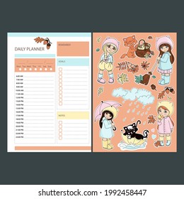 AUTUMN DAILY PLANNER STICKERS WITH BABIES Printable Page Template Schedule And Collection With Design Elements For A Day For Plotter Cutting Vector illustration Set