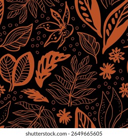 Autumn dark floral leaves seamless pattern. Cute hand drawn fall foliage, leaves shapes and silhouette on black repeat background, wallpaper. Tropical nature. Vector botanical textile design, print.