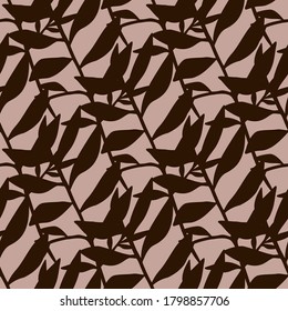 Autumn dark foliage ornament seamless pattern. Brown tropical branch leaves on pink pale background. Designed for wallpaper, textile, wrapping paper, fabric print. Vector illustration.