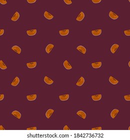 Herbst dunkles, nahtloses Muster mit doodle Apfelscheiben Zierschnitten. brauner Hintergrund. Grafisches Design für die Verpackung von Papier und Texturen aus Stoff. Vektorgrafik.