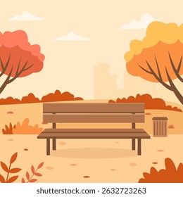 Autumn day park scene. Bench with trash can on a park trail with trees and bushes with falling leaves. Vector illustration