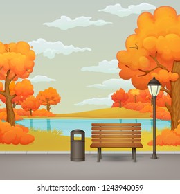 Autumn day park vector illustration. Wooden bench, trash bin and street lamp on an asphalt park trail with a lake or river, orange trees and bushes in the background.
