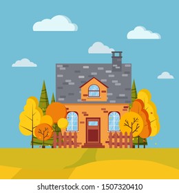 Autumn day scenic landscape background with yellow and orange trees, spruces, fields, fences, rural brick cartoon house with chimney in cartoon style. Vector flat design nature background illustration