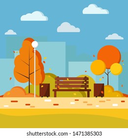 Autumn day urban nature background vector flat illustration in cartoon style. Wooden bench, trash can and streetlight in city park with skyscrapers with tree and bush, footpath, cloud, fallen leaves.