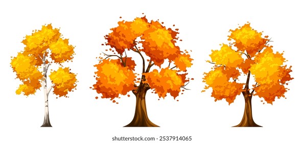 Árboles caducifolios de otoño aislados sobre un fondo blanco. Conjunto de Ilustraciones vectoriales. Ilustración dibujada a mano, no IA