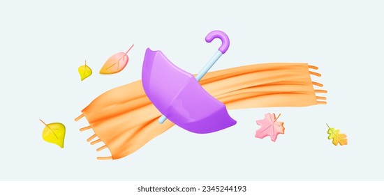 Autumn decoration. Season concept with fly umbrella, leaves, orange scarf. Cartoon vector 3d illustration