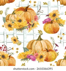 Autumn decorations seamless pattern. Watercolor illustration. Seamless pattern from orange bright pumpkins, floral decor. Cozy autumn decor in bright colors. White background
