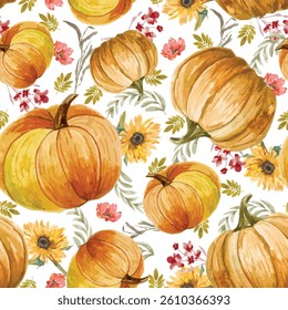 Autumn decorations seamless pattern. Watercolor illustration. Seamless pattern from orange bright pumpkins, floral decor. Cozy autumn decor in bright colors. White background
