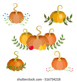 Autumn decorations. Small compositions with pumpkins, apples, leaves and berries. November harvest and Thanksgiving holidays theme design elements. Vector illustration.