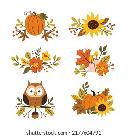 Decoración de otoño. Colección de bonitos divisores aislados en fondo blanco. Decoración floral de temporada. Ilustración vectorial.