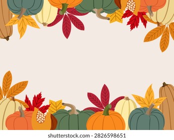 Autumn decorative border with pumpkins, colorful leaves and berries