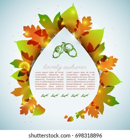 Autumn decorative card in drop shape with colorful leaves on pale blue background with spots vector illustration