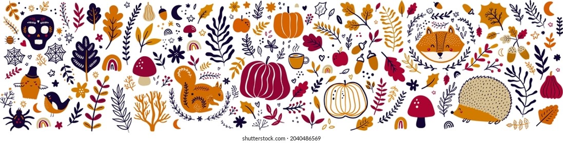 Autumn decorative collection with pumpkins, leaves, animals and halloween symbols