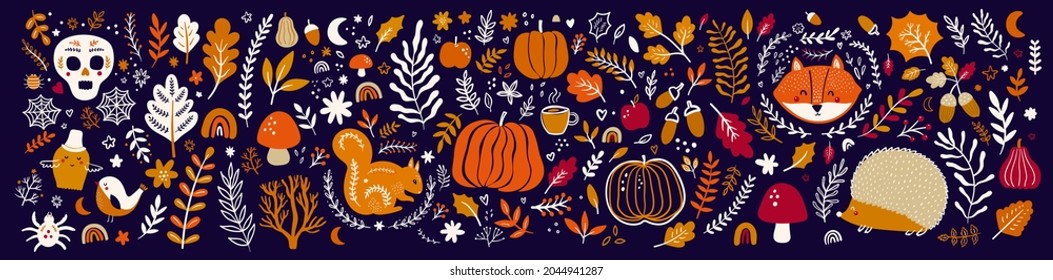 Autumn decorative collection with pumpkins, leaves, animals and halloween symbols