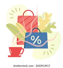 Autumn decorative composition with bags, leaves and a cup of hot coffee. Seasonal gifts and purchases, promotions, discounts and sales. Vector isolated composition in flat style. Banners flyers cards