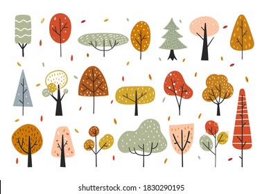 Autumn decorative elements with abstract trees, forest elements. Creative height woodland detailed background. Perfect for kids apparel,fabric, textile. Scandinavian Swedish style.