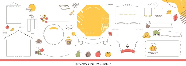 Autumn Decorative Elements and Frame Design Idea Set, White Background and No text version,Open path and Editable Vector