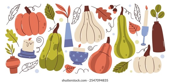 Elementos decorativos de otoño con follaje estacional, verduras de calabaza, racimo de bellotas de roble y jarrón con Ilustración vectorial de herbario. Colección de la temporada de otoño para tarjetas de felicitación, invitación de vacaciones