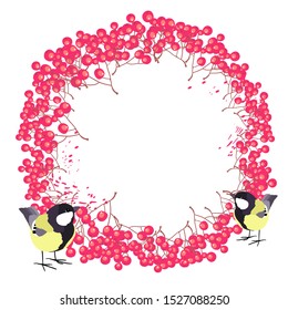 Autumn decorative frame of bunches of ripe red viburnum, harvest of berries, and cute tits, vector clip art