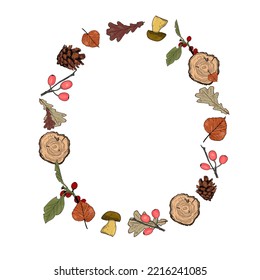 Autumn decorative frame. Cones, tree, berries, autumn leaves, mushrooms isolated on a white background. Seasonal floral design. Vector illustrations as blanks for designers, art, prints, postcards