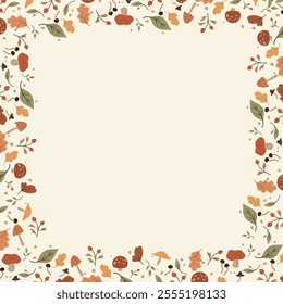 Autumn decorative frame. Cones, tree, berries, autumn leaves, mushrooms isolated on a nude background. Seasonal floral design. Vector illustrations as blanks for designers, art, prints, postcards
