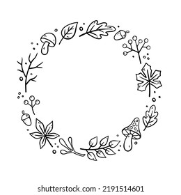 Autumn decorative frame, template with Autumn elements - mushrooms, oak leaves, maple leaves, acorns, dry twigs. Vector illustration in Doodle style.