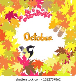 Autumn decorative frame from yellow maple leaves, clusters of viburnum, acorns, lettering and a cute tit, vector clip art