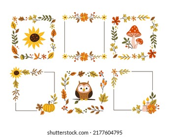 Autumn decorative frames. Collection of six cute frames isolated on white background. Seasonal floral decoration. Vector illustration.