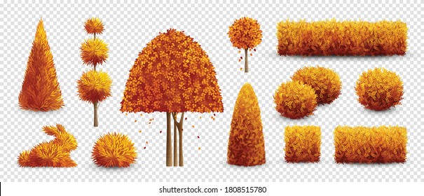 Autumn decorative garden bushes icon set with orange trees shrubs and bushes vector illustration