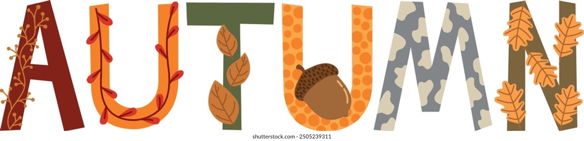 Autumn decorative hand drawing lettering with fall leaves, rainy sky and acorn. Vector colorful design in flat style	