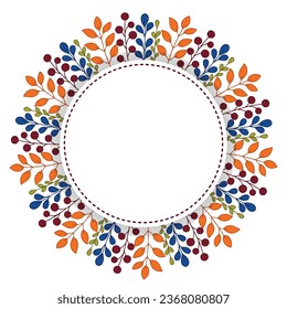 Autumn decorative round frame. Pattern with autumn elements - leaves, branches, berries. Vector illustration in doodle style