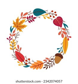 Autumn decorative round frame, template with autumn elements - leaves, twigs, acorn, berries. Vector illustration in Doodle style.