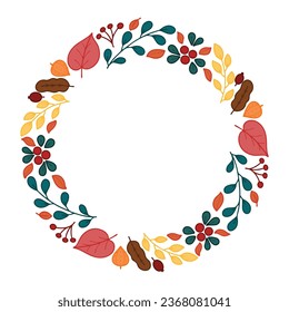Autumn decorative round frame, template with autumn elements - leaves, twigs, rose hip, berries. Vector illustration in Doodle style