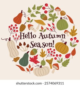 Autumn decorative round frame, template with autumn elements - leaves, pumpkins, cones, nuts, berries. Hello Autumn card in flat style.