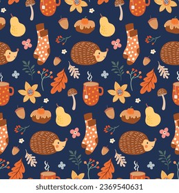 Autumn decorative seamless pattern, cute wallpaper, background with different seasonal cozy elements, hedgehog, pumpkins