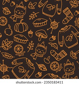 Autumn decorative seamless pattern with doodle elements on light yellow background. Cozy hygge autumn season vibe print on dark background