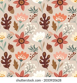 Autumn decorative seamless pattern with floral elements, acorns, plants, leaves