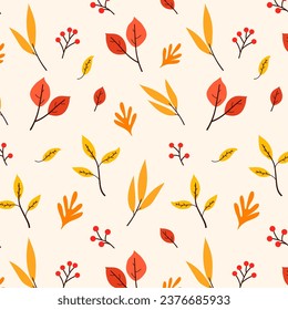 Autumn decorative seamless pattern with leaves, berries and twigs. Bright color. Seamless pattern for jewelry, fabric, diary. electrical illustration	