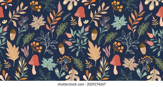 Autumn decorative seamless pattern with seasonal elements, acorns, plants, leaves, mushrooms