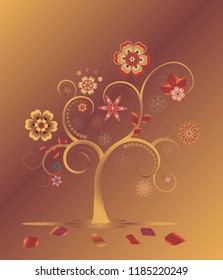 Autumn decorative tree with floral graphic elements on brown background.. Elegant design with copy space. Editable, can be used on brochures, posters etc. Vector and raster format available.