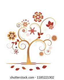 Autumn decorative tree with floral graphic elements isolated on white  background.. Elegant design with copy space. Editable, can be used on brochures, posters etc. Vector and raster format available.