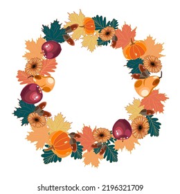 Autumn Decorative Wreath With Oak Leaves, Acorns, Maple, Pumpkins, Apples, Pears, And Gerbera Flowers