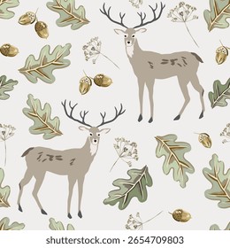 Animais de veado de outono, folhas de carvalho, bolotas, fundo cinza. Padrão sem emenda do vetor. Ilustração da temporada de outono. Projeto de natureza florestal