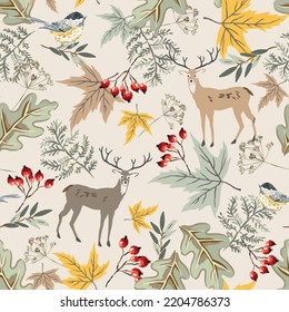 Autumn deer animals, titmouse birds, maple leaves, berries, fern, light background. Vector seamless pattern. Fall season illustration. Forest nature design. 