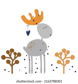 Autumn deer elk with orange leaves vector illustration. Cartoon fall drawing for postcard