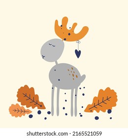Autumn deer elk with orange leaves vector illustration. Cartoon fall drawing for postcard
