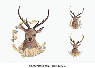 Autumn Deer with flowers and pumpkin
