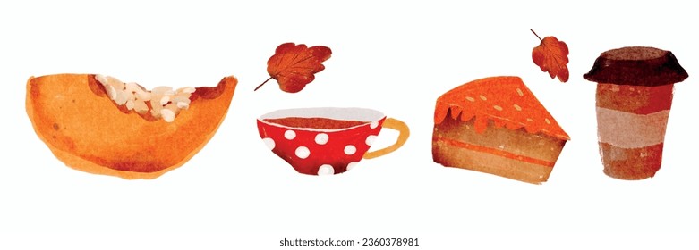 Autumn delicious food, vector. Pumpkin pie, backed pumpkin slice, coffee, tea. Warm autumn and winter collection. Fall cozy vibes. Colorful illustrations for banner, card, menu
