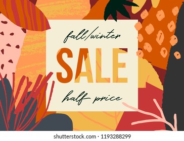 Autumn design with abstract shapes and leaves in orange, yellow, pink, red and brown and square sticker with text Sale.